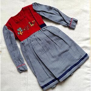 Vintage 90s Piano Kids Fashion Dress Girls 6 Gingham Check Corduroy Embroidered